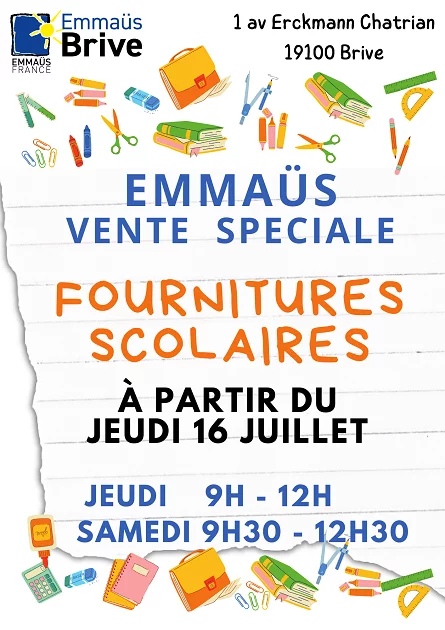 Vente spéciale fournitures scolaires (Emmaüs Brive)
