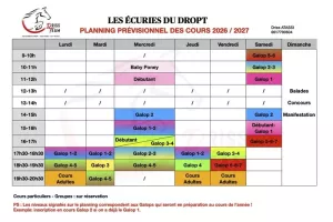 Planning des cours aux écuries du Dropt