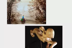 Exposition de peintures au marc de café et de sculptures sur bois par Sabino Puma et Ermite du Bois à Niort
